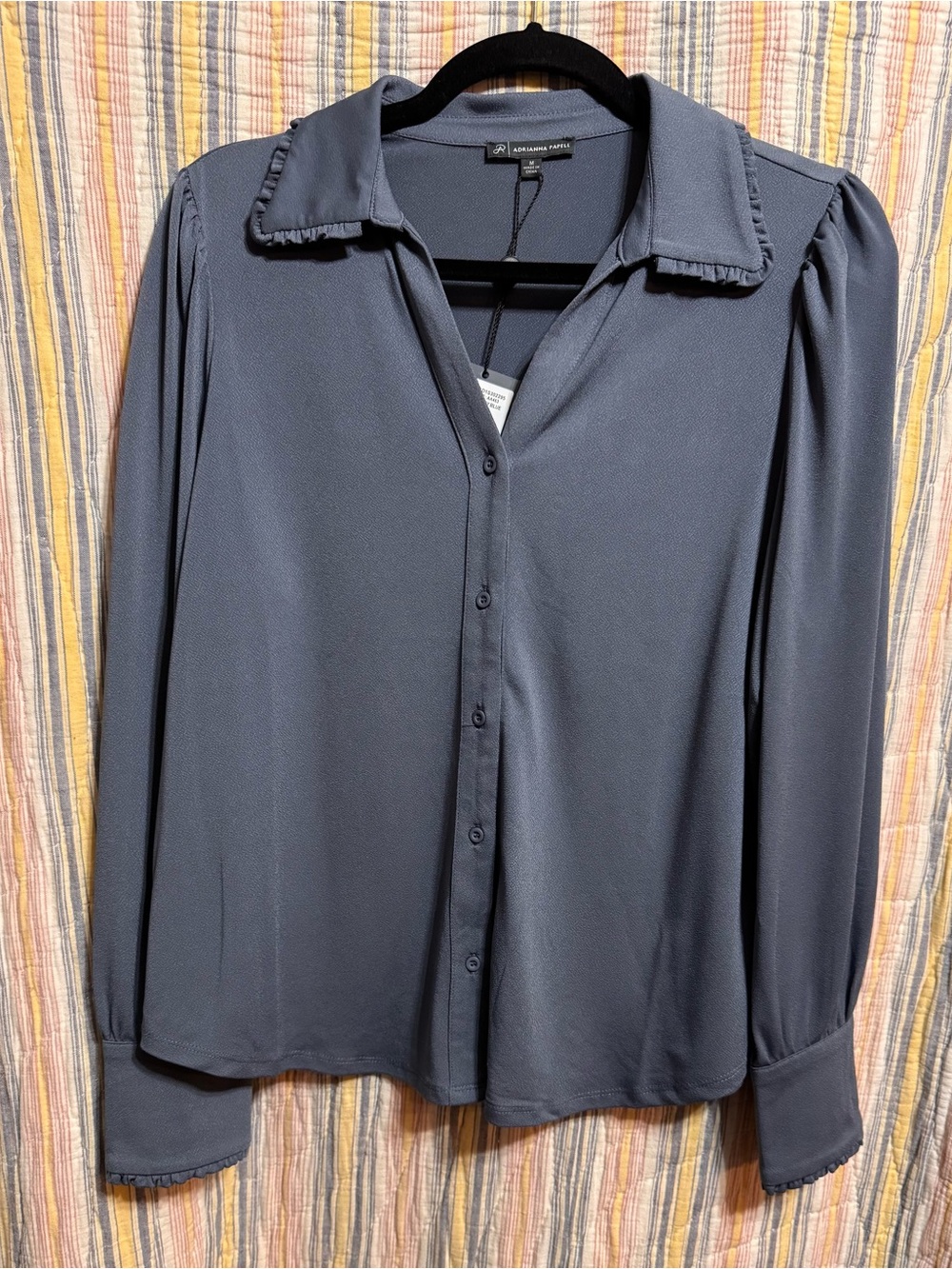 NWT Adrianna Papell Slate Blue Ruffle Collar Button-Front Blouse Sz M